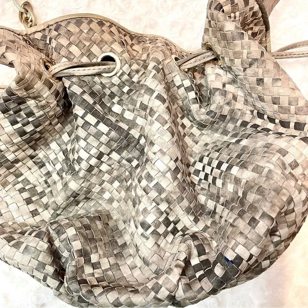 Elliott Lucca Snakeskin Embossed Leather Weave Bucket Hobo Shoulder Purse